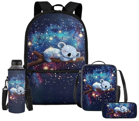 HELLHERO 4-teiliges Schulrucksack-Set für Kinder, Mädchen, Jungen, mit Lunchbox, Federmäppchen, Galaxy Koala, Medium
