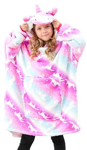 Piefry Einhorn Kapuzenpullover für Mädchen, Einhorn Kapuzensweatshirt, Übergroße Hoodie Decke für Kinder (Rosa/Lila Einhorn, 4-5 Jahre)