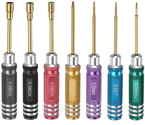 Sourcing Map 7pc RC Tool Kit Set, Hex Driver 0.05 1.5mm 2.0mm Nut Socket 4.0mm 5.0mm 5.5mm Phillips 2.0mm Titanium Driver Repair Tool for Models Car Helicopter Boat