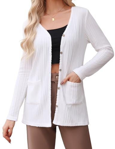 Aottori White Cardigan for Women Lightweight Chunky Knit Jumpers Cardigan UK with Pockets Ladies Loose Button Down Knitwear Outerwear for Autumn Winter Spring White M