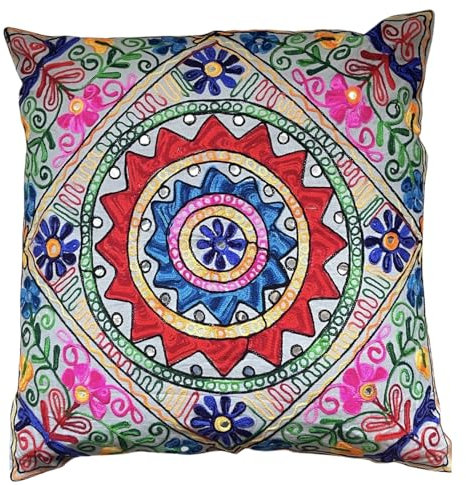 Original Kikan Suzani Kissenbezug mit mehrfarbiger Blumenstickerei, 60 x 60 cm, indischer Ethno-Kissenbezug, Sofakissen, Reißverschluss, vegan, Grau