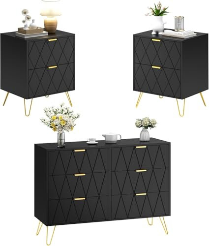 UEV Set di 3 Mobili per Camera da Letto, Cassettiera con 6 Cassetti e Set di 2 Comodini, con Maniglie e Piedini in Colore Oro, Scandinavo per Soggiorno, Camera da Letto (Nero)