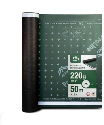 ALMO Durchtrittssichere UV Unterspannbahn 75m² (50m x 1,5m) 220g/m² UV-beständige & wasserabweisende Unterdeckbahn, diffusionsoffen & gitterverstärkt mit 2 starken Klebestreifen