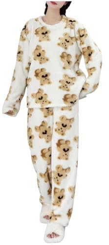 Pigiama Pile Donna Invernale Curvy Leggero con Girocollo Pigiami Donna Invernali Caldo Cotone Moda Pigiama 2 Pezzi Sciolto Casual Morbido e Confortevole Maglia Lunga Pantaloni Pigiama Set Casa
