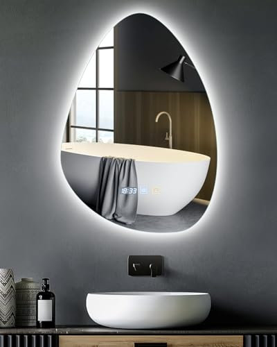 Badspiegel mit Beleuchtung,50x70cm Spiegel mit Beleuchtung,Badezimmerspiegel mit Entfoggen,Badezimmer Spiegel mit Uhr,Touch-Schalter,Dimmbar,3 Lichtfarbe