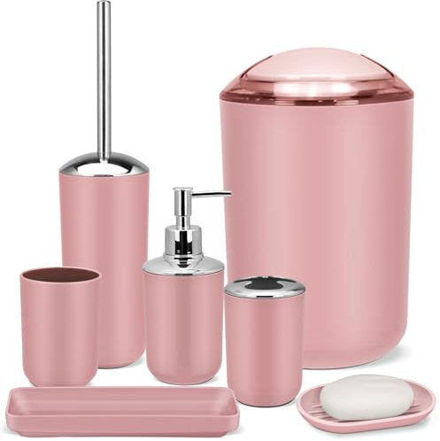 IMAVO Badezimmer-Zubehör-Set, rosa, 7-teiliges Badezimmer-Zubehör-Set, Tablett, WC-Bürste, Mülleimer für Badezimmer-Dekor und Einweihungsgeschenke