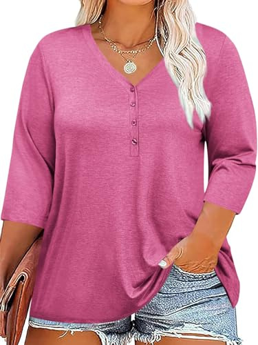 Fisoew T-Shirt à Manches 3/4 pour Femme, Grandes Tailles, col en V, avec Bouton, surdimensionné, Manches Courtes