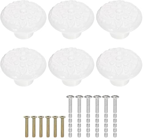sourcing map 6Pcs Ceramic Knobs, 34mm/1.34 Flower Pattern Mushroom Knob Drawer Pull Handle Vintage Wardrobe Knobs with Screws for Vanity Bedroom Furniture Closet, White