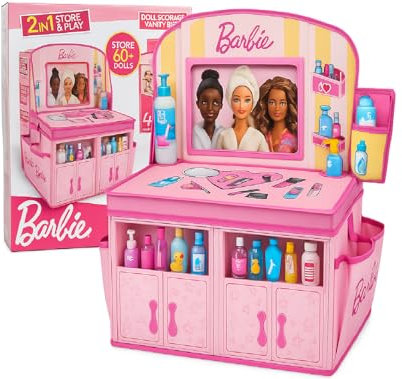 Barbie Baúl de almacenamiento para muñecas, caja de almacenamiento plegable 2 en 1 y juego de tocador, almacena más de 60 muñecas y accesorios, organizador de juguetes con compartimentos y bolsillos