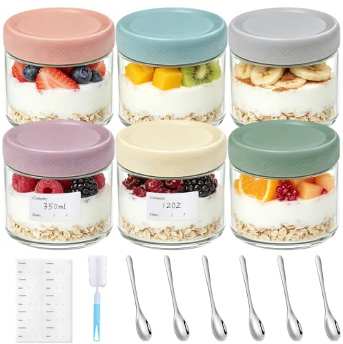 Mssushi Lot de 6 Bocaux Overnight Oats en Verre 350 ML, avec 6 Cuillères | avec Couvercles à Vis Hermétiques 6 Couleurs, Overnight Oats Jar avec Étiquette, Brosse, pour Yaourt,Salade,Pudding,Confiture
