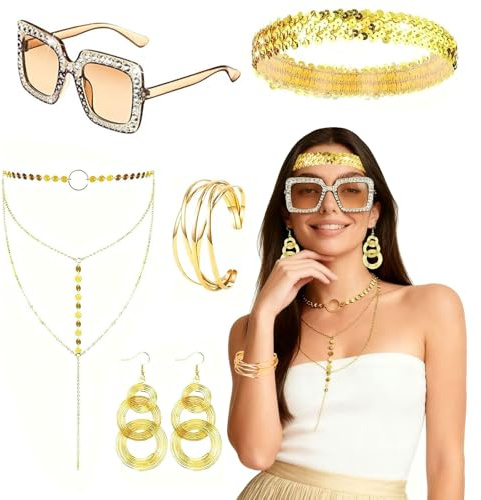 Shyllin Disco Glitzer Accessoires, Disco Glitzer Outfit Damen 70er Jahre Kostüm, Pailletten Discokugel Zubehör, Pailletten Sonnenbrille Hut Stulpen Ohrringe Armband-Party Karneval Halloween