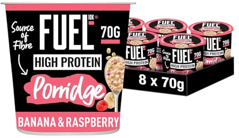 FUEL10K High Protein Banana & Raspberry Porridge Pot, 70 g (8-Pack) | 13g Protein Per Pot, Quick & Easy Preparation, Vegetarian-Friendly, Delicious Banana & Raspberry Flavor, Convenient Breakfast