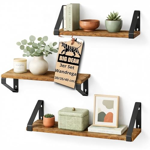 BigDean 3X Wandregal Set Regal Vintage 30/35/40 cm Regal Schweberegal | Vintage Wall Shelf 2 Montagemöglichkeiten Wand Schweberegal Regalbrett Regale für Wände Wand Regale braun/schwarz