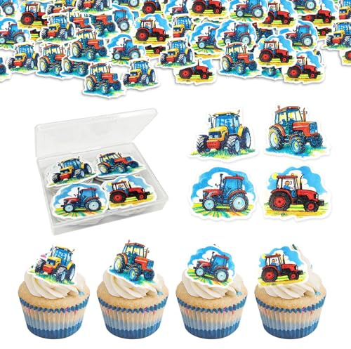 48 Stück Reispapier Traktor Tortendeko Essbar, Esspapier Kuchen Deko | Essbare Cupcake Topper, Waffelpapier Bauernhof Geburtstag Muffin Deko für Junge Bauernhof Party Dekoration Reispapier