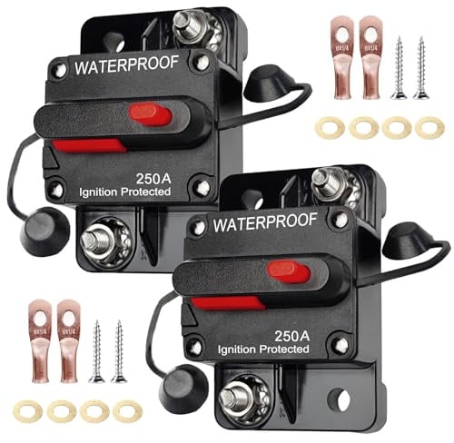 2 Stück 250A Schutzschalter, kfz Automatik Sicherungshalter 12V-48V DC 250 Ampere Wasserdicht Automatische Sicherung Schalter mit Manueller Reset Auto Leistungsschalter Sicherungsautomat für LKW Boot