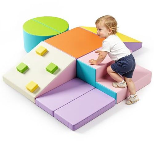 Brolteja Baby-Schaumstoffbausteine, XXL Softplay-Set für Kleinkinder von 1–3 Jahren, Baby-Kletterturm mit Rutsche, große Bausteine für Indoor-Spaß (Macaron-7)