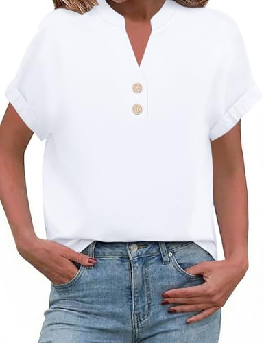 PASUDA Camicia Estiva Donna Blusa Lino Elegante Camicetta Manica Corta Camicia Scollo a V Button Down Camicia Tinta Unita Classico Top Estive T Shirt(Bianco,M)