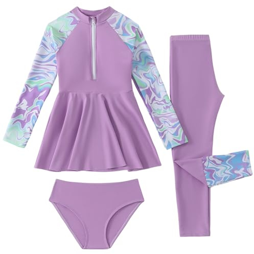 Mädchen Burkini Badeanzug 3 Set Langarm Badeshirt Lange Badehose Badeshorts Badekleidung Elastizität Badeanzug Kleid Surfanzug Neoprenanzug (Purple, 10-11 Years)