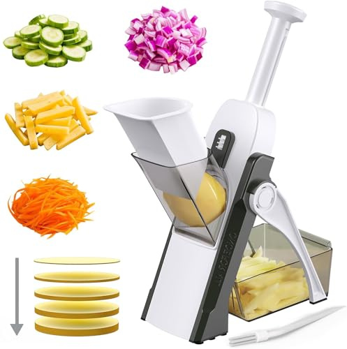 Depets 5 en 1 mandolina de cocina, mandolina cortadora segura, cortador de patatas y alimentos, permite cortar en tiras, juliana y cubos, grosor regulable de 1 a 8 mm