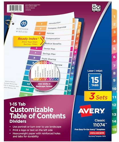 Avery Table of Contents Dividers, 15-Tab, Multicolor, 3 Sets