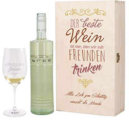 Herz & Heim® Wein Geschenkset mit graviertem Weinglas, Bree Wein zur Auswahl in Geschenkbox für Beste Freunde Weiß