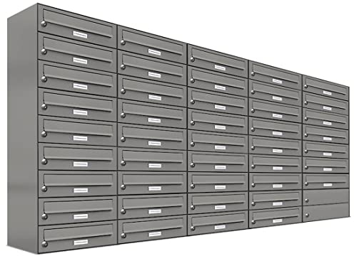 AL Briefkastensysteme 43er Briefkastenanlage Aluminiumgrau RAL 9007, Premium Briefkasten DIN A4, 43 Fach Postkasten modern Aufputz