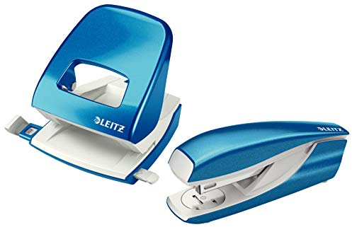 Leitz Locher (30 Blatt, Anschlagschiene mit Formatvorgaben, Metall, Wow) (Blau metallic + Heftgerät)