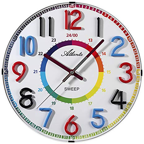 Atlanta Wanduhr für Kinder ohne Ticken Bunte Zahlen Lernuhr - 4480/0
