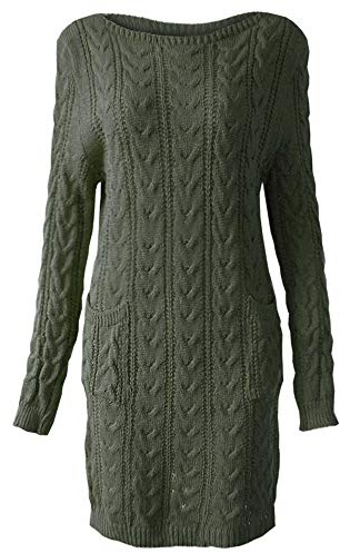 Xpose Ladies Winter Cable Knit Long Sleeve Midi Jumper Dress Sweater with Pockets Charcoal Mustard Wine Nude Black Stone Khaki Silver Grey Cream Size 8 10 12 14 (Khaki, M/L (12/14))