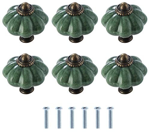AusseL 6PCS Ceramic Cabinet Knobs, Vintage Drawer Knobs, Antique Pumpkin Kitchen Cupboard Handles, Round Furniture Door Knobs, Green