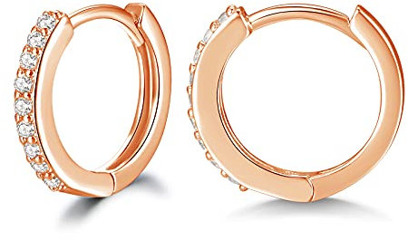 Shuxin Silver Hoops Earrings for Women, 925 Sterling Silver Rose Gold Hoop Earrings with AAA Cubic Zirconia, Hypoallergenic Unisex 14mm Small Sleeper Huggie Hinged Hoop Earrings for Men Ladies Girls