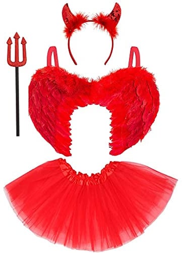 4pc Red Devil Costume Women Halloween Costumes - Red Wings Sequin Horns Headband Tutu Skirt and Pitchfork Halloween Ladies Devil Outfit - Fallen Angel Fancy Dress Accessories