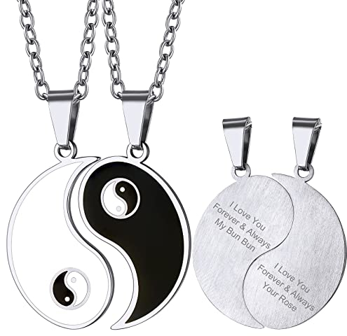 GoldChic Yin-Yang-Puzzle-Anhänger Amulett mit Motiven-Gravur Edelstahl Chinesischer Stil Yin-Yang-TaiChi Anhänger Halskette in 2 PCS mit 51cm+5cm Kette in Silber für Damen Frauen Herren Männer