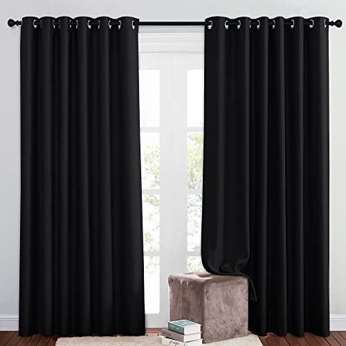 PONY DANCE Abdunkelnde Vorhänge für Schlafzimmer Übergardinen 2er Set H 210 x B 200 cm Ösenvorhang Blickdicht Extra Breite Gardinen Verdunklungsvorhänge Schwarz