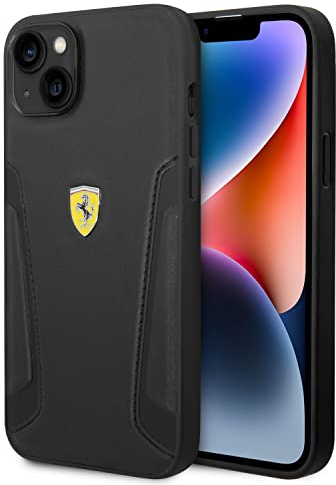 CG MOBILE Ferrari Schutzhülle aus Leder mit heißen Seiten und gelbem Schild-Logo, kompatibel mit iPhone 14 Max, Schwarz