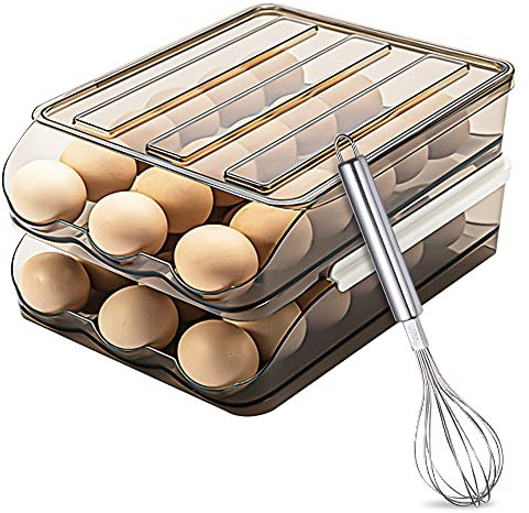 LZYMSZ Portahuevos de Desplazamiento Automático, Organizador de Contenedores de Huevos de 2 Niveles para Refrigerador, Estante de Almacenamiento Fresco de Huevos Apilable de 36 Rejillas