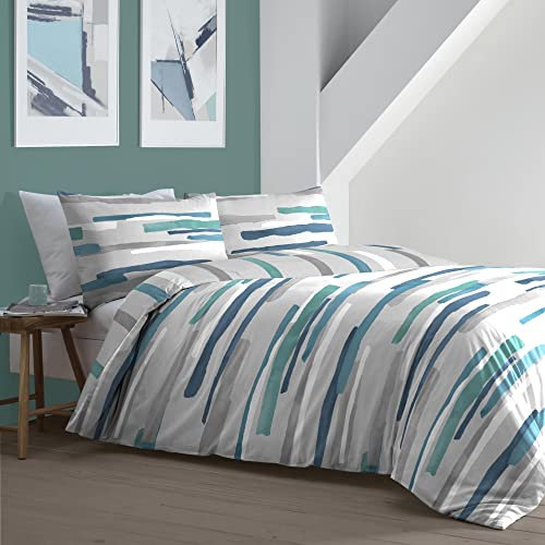 Fusion - Housse de Couette à Rayures Nautiques Bleues - 230 x 220 cm - 2 taies d'oreiller - Housse de Couette Bleue contemporaine - Parure de lit Gris/Bleu Sarcelle - Literie Bleu Sarcelle à Rayures