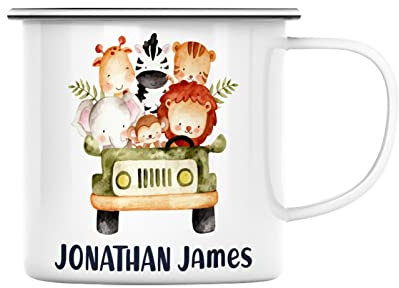 Fabulous Mug en Métal Emaillé Nom ou Texte Personnalisable Safari Aquarelle Animaux Illustration Cadeau Personnalisé Enfant Lion Giraffe