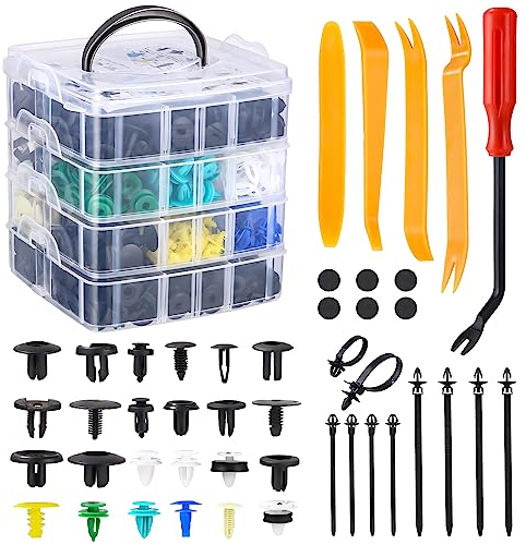 FAOKZE 965 PCS Clips Remaches Plástico, Clips de fijación para coche, 24 tamaños Universal Auto Clips De Nylon con Herramientas de Desmontaje Bridas y Cojines Esponjosos para Guardabarros Parachoques