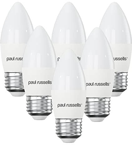Paul Russells LED Candle – Dimmable Edison Screw Light, 5.5W 470 LM E27 C37 LED Bulbs, 40w Equivalent, 6500K Daylight, Dimmer ES Energy Saving Ceiling Lightsbulbs, Pack of 6