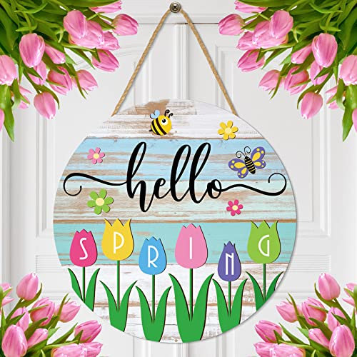 Hello Spring Dekor, Tulpenkranz, Haustürschild, runder Kranz, rustikaler Esstisch, Dekoration, Tafelaufsatz, Holztürhänger für Veranda, Zuhause