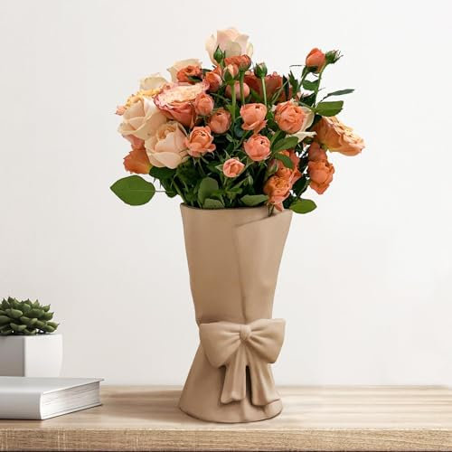 Relexome Keramik Vase mit Schleife, 24,5 cm Warm Beige Modern Boho Vase, dekorative Aesthetic Blumenvase für Frische Blumenstrauß, Pampasgras, für Wohnzimmer, Schlafzimmer, Tischdekoration, Home Deko