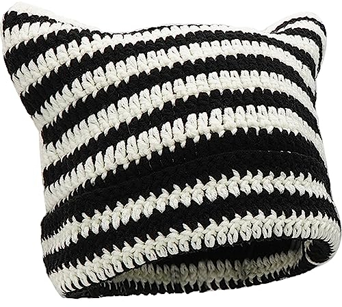 XYIYI Schwarz Weiß Häkelmützen für Frauen Katze Ohr Stricken Hut Vintage Beanie Grunge Zubehör Slouchy Mützen für Frauen