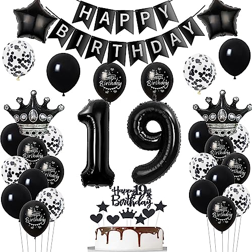 19. Geburtstag Dekoration Schwarz - Tortendeko für Junge und Mädchen - Luftballon, Ballon und Deko für 19 Jahre - Geburtstagsdeko Set