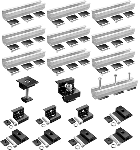 GETLITOOL Set Guide e Morsetti per Pannello Solare con Altezza 30-35mm Include 10pz Guide 200x25mm 4pz Morsetti Terminali 6pz Morsetti Centrali e Viti Rondelle Blocchetto per Modulo Fotovoltaico DIY