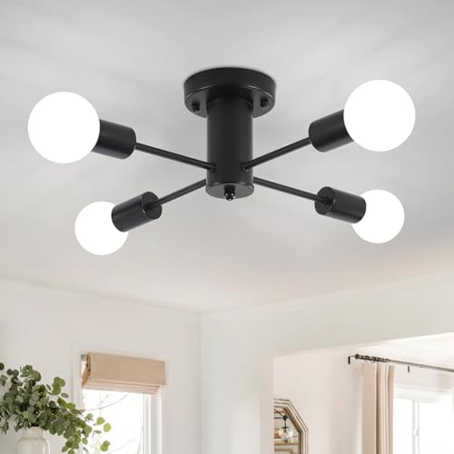 QAREHL Deckenlampe Schwarz Wohnzimmerlampe, 4 Flammig Deckenleuchte Schwarz für Schlafzimmer, Esszimmer, Küche, Flur, Sputnik Kronleuchter Vintage Deckenleuchte E27