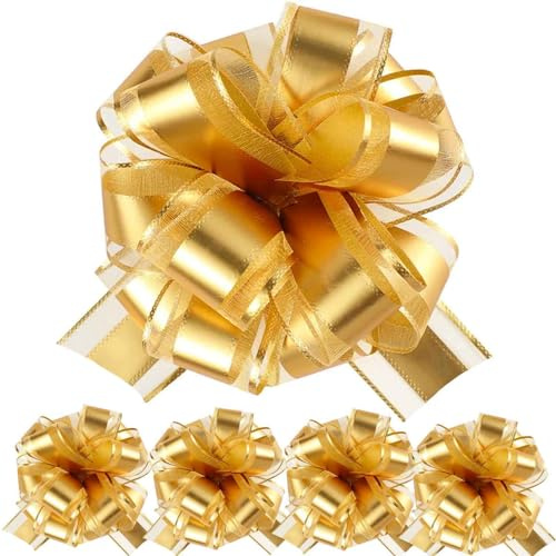 We Moment Zone 5 PCS 7 in(17.78cm) Large Pull Bows Wrapping Pull Bow Ribbon,Gold Gift Wrap Bows for Gift Wrapping Baskets Wedding or Flower Decorations, Valentine's Day Birthday Gift Decorations