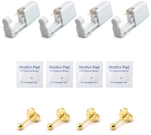 Ohrlochstechpistole Kit,Einweg Ohr Piercingpistole,Piercingpistole Einweg Ohrstecherpistole,Einweg Steril Sicherheits Ohrnasen Piercing Pistolen kit,für Mädchen Frauen Männer,Gold,4pcs
