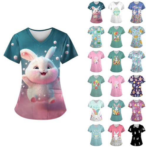 DHYUEN Kasack Damen Pflege Günstig Kasacks Damen Pflege Rosa Bunt Kasack Motiv Berufsbekleidung Pflege Damen Casual Arbeitskittel Damen Mit 2 Großen Stabilen Taschen Kasack Hose Damen（3-Cyan，M）