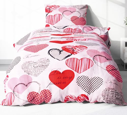 2-teilige Renforcé Bettwäsche 135x200cm und 80x80cm - Love Liebe Herzen in weiß und rot - 100% Baumwolle, Bettgarnitur (EW-621/1 Renforce)
